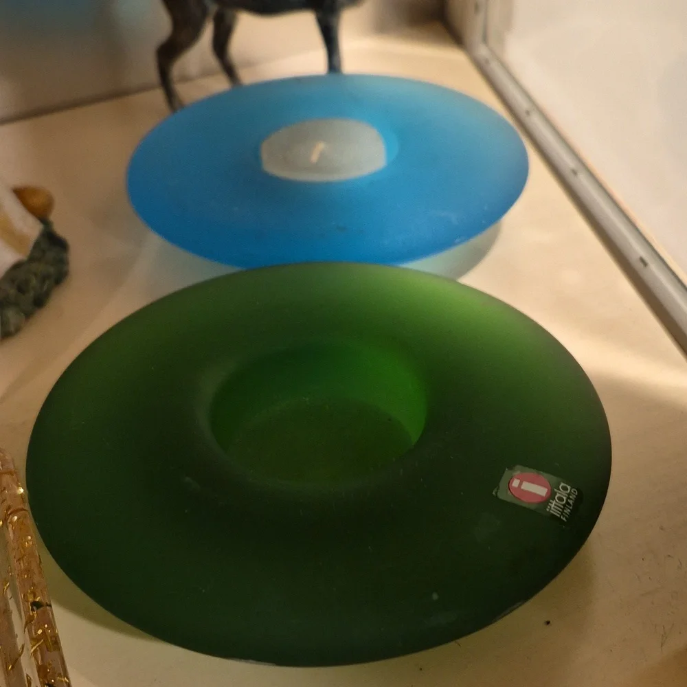 2 Pc Iittala Finland Nappi Tealight Votive candle Holders Green Blue Markku Salo